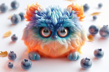 Adorable creature with blue and orange fur, surrounded by blueberries, evokes warmth