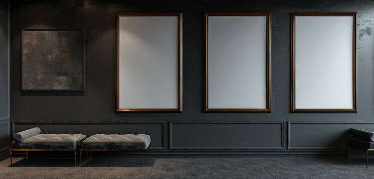 A gallery with a sophisticated charcoal grey canvas, featuring empty blank mock-up posters in frames of a rich, metallic bronze. The dark grey walls set a dramatic stage, 