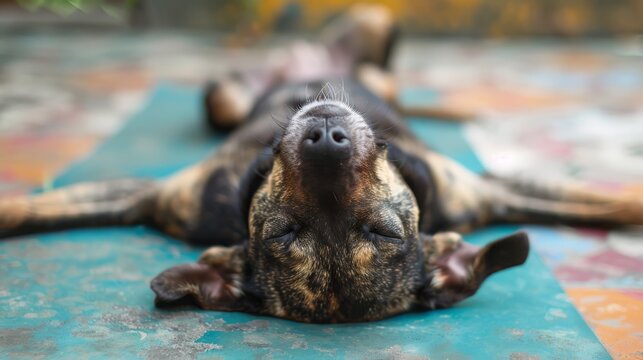   A dog is lying on its back on a mat with its head resting on its paws in a close-up