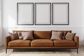 A spacious Scandinavian living room with a caramel brown sofa set against a soft white wall. Four...