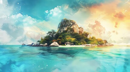 Cinematic Light Seascape of Tropical Island Paradise, Ko Nang Yuan Inspired Digital Painting - obrazy, fototapety, plakaty