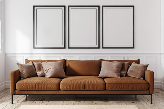 A spacious Scandinavian living room with a caramel brown sofa set against a soft white wall. Four blank empty mock-up poster frames in a sleek black