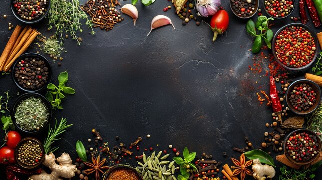 Large variety of spices and herbs on black table background with empty space for text or label