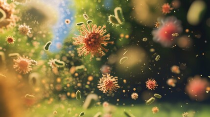 Pollen particles floating in air causing allergy - obrazy, fototapety, plakaty