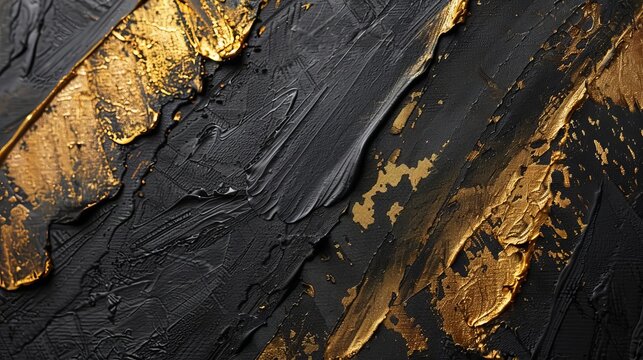 Closeup of abstract dark gold black art painting texture with geometric spatula technique