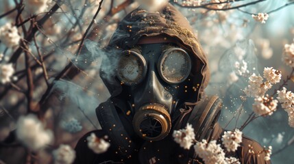 A person wearing gas mask protection against pollen in allergy season - obrazy, fototapety, plakaty