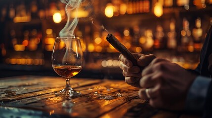 Man's hands with a cigar, elegant glass of brandy on the bar counter. Alcoholic drinks, cognac, whiskey, port, brandy, rum, scotch, bourbon. Vintage wooden table in a pub at night. 