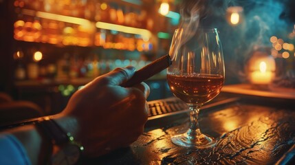 Man's hands with a cigar, elegant glass of brandy on the bar counter. Alcoholic drinks, cognac, whiskey, port, brandy, rum, scotch, bourbon. Vintage wooden table in a pub at night.  - obrazy, fototapety, plakaty