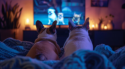 Back view of dogs watching TV in dark living room. - Powered by Adobe