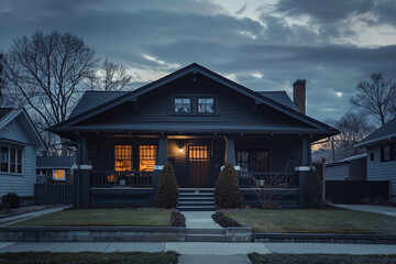 Dawn's early light casting a serene aura over a matte black Craftsman style house, suburban stillness with a hint of the day's beginning, fresh and peaceful ambiance