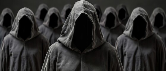   A group of hooded individuals standing before a dark backdrop with their faces concealed by their hoods - obrazy, fototapety, plakaty
