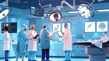 Surgical Team Reviewing Digital Blueprints in Advanced Operating Room - obrazy, fototapety, plakaty