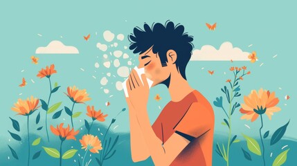 A person sneezing due to pollen allergy. - obrazy, fototapety, plakaty
