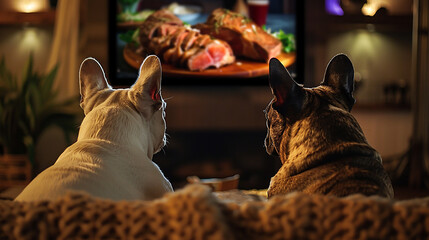 Back view of dogs watching TV with steak in dark living room.