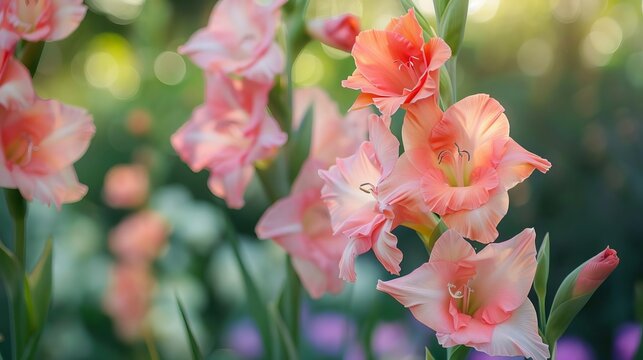 Close-up of vibrant pink gladiolus flower in summer garden, botanical nature photography
