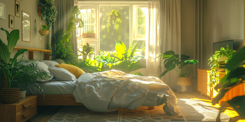 A cozy bedroom with plants, sunlight streaming through the window onto an unmade bed and warm greenery around it. 