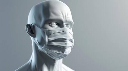 3D Human Body Model Wearing Face Mask, White Background, Medical Illustration, Healthcare Concept