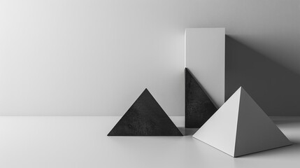 3D Minimalist Black Geometric Shapes on Light Gray Background, Abstract Digital Illustration