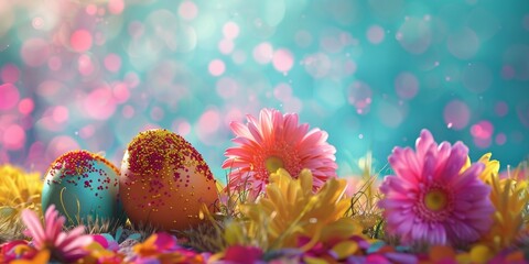 Obraz na płótnie Canvas Easter background with eggs and flowers Generative AI