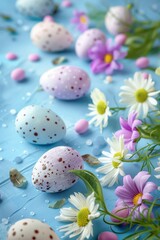 Easter background with eggs and flowers Generative AI