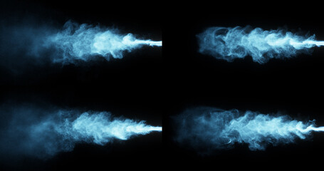 4 Blue particle smoke trails on black, perfect for creating a mysterious.  ideal for dynamic overlay effects.