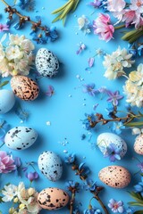 Fototapeta na wymiar Easter background with eggs and flowers Generative AI