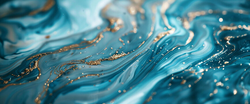 Enchanting macro image showcasing the fluid elegance of marble ink infused with radiant glitters, creating an otherworldly and captivating visual spectacle.