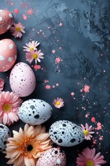 Fototapeta na wymiar Easter background with eggs and flowers Generative AI