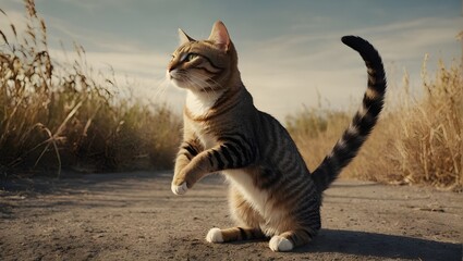 An attentive, striped-fur cat stands on a path, surrounded by sunlit tall grass, under a clear sky with soft clouds

 - Powered by Adobe