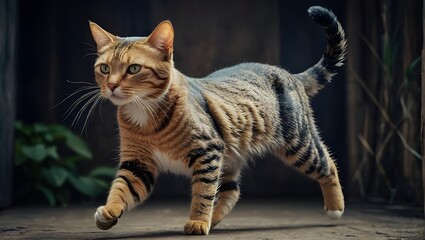A focused, striped cat walks gracefully in a rustic setting with subtle lighting, wooden textures, and a hint of greenery

