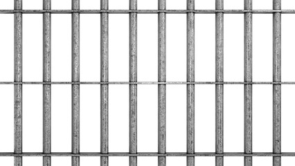 Old dirty metal prison bars. Isolated iron cage background. 3D rendering.