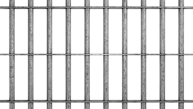 Old dirty metal prison bars. Isolated iron cage background. 3D rendering.