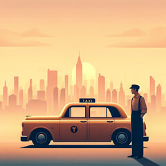a minimalist and serene image of a taxi driver's daily life