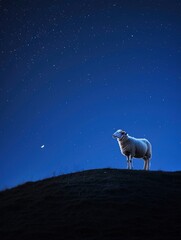Quiet contemplation: A lone sheep savors the tranquility of the night on a hill during Eid ul Adha and copy space - generative ai - obrazy, fototapety, plakaty