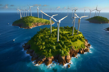 An island with structures and wind turbines.