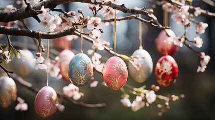 Delicate Easter egg ornaments hanging from a tree branch