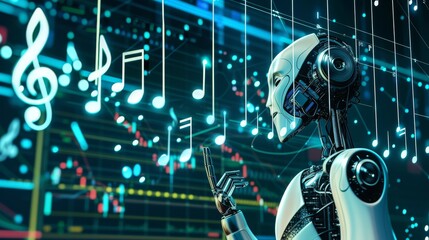 Representation of trading algorithms and robot traders in the form of musical scores, where each note corresponds to a specific action or signal in the market --ar 16:9 --quality 0.5 --stylize 0 Job