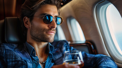 Luxury Travel Lifestyle, Handsome Man with Sunglasses Enjoying Flight in Private Jet - obrazy, fototapety, plakaty