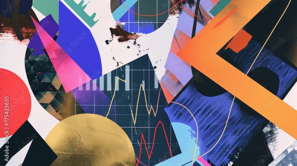 Poster a collage of abstract shapes and colors inspired by stock indicators and analytical tools, creating 