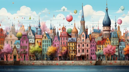 Detailed illustration of a whimsical cityscape with Easter eggs hidden among the buildings - obrazy, fototapety, plakaty