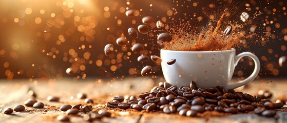   A cup of coffee with a coffee bean sprinkled on top and coffee beans pouring out - obrazy, fototapety, plakaty