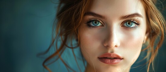Close-up of woman with blue eyes and red hair - obrazy, fototapety, plakaty