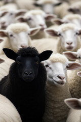 One black sheep standing out among white sheep