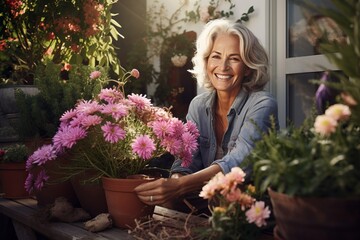 Smiling woman gardening beautiful pink flowers