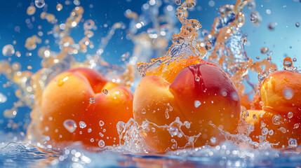 Juicy Peaches Making a Splash, Freshness Burst in Sunlit Drops