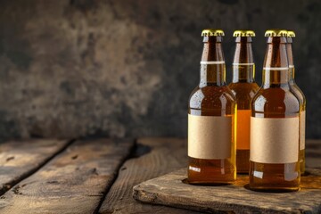 Three bottles of beer with blank labels on wood