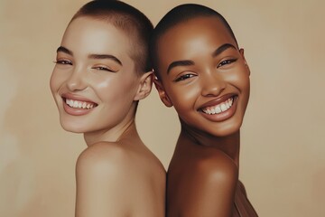 Two joyful women with flawless skin