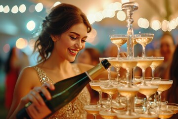 Woman pouring champagne into tower glasses