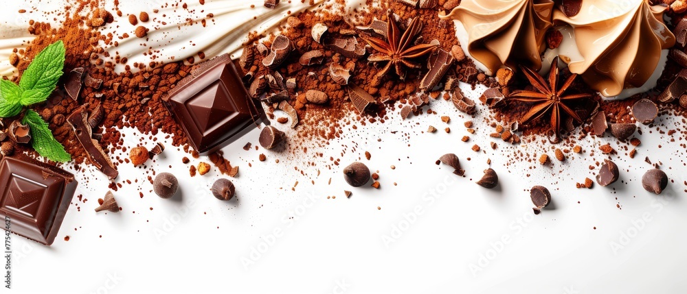 Poster a white table filled with assorted chocolates and toppings on a white surface