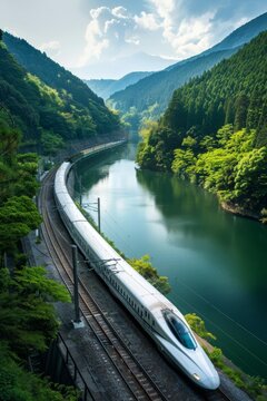 high-speed train against the backdrop of nature Generative AI
